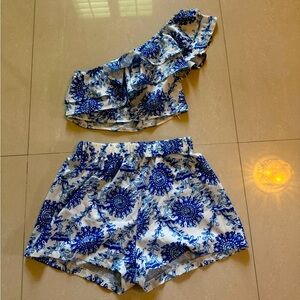 Two piece blue and white set